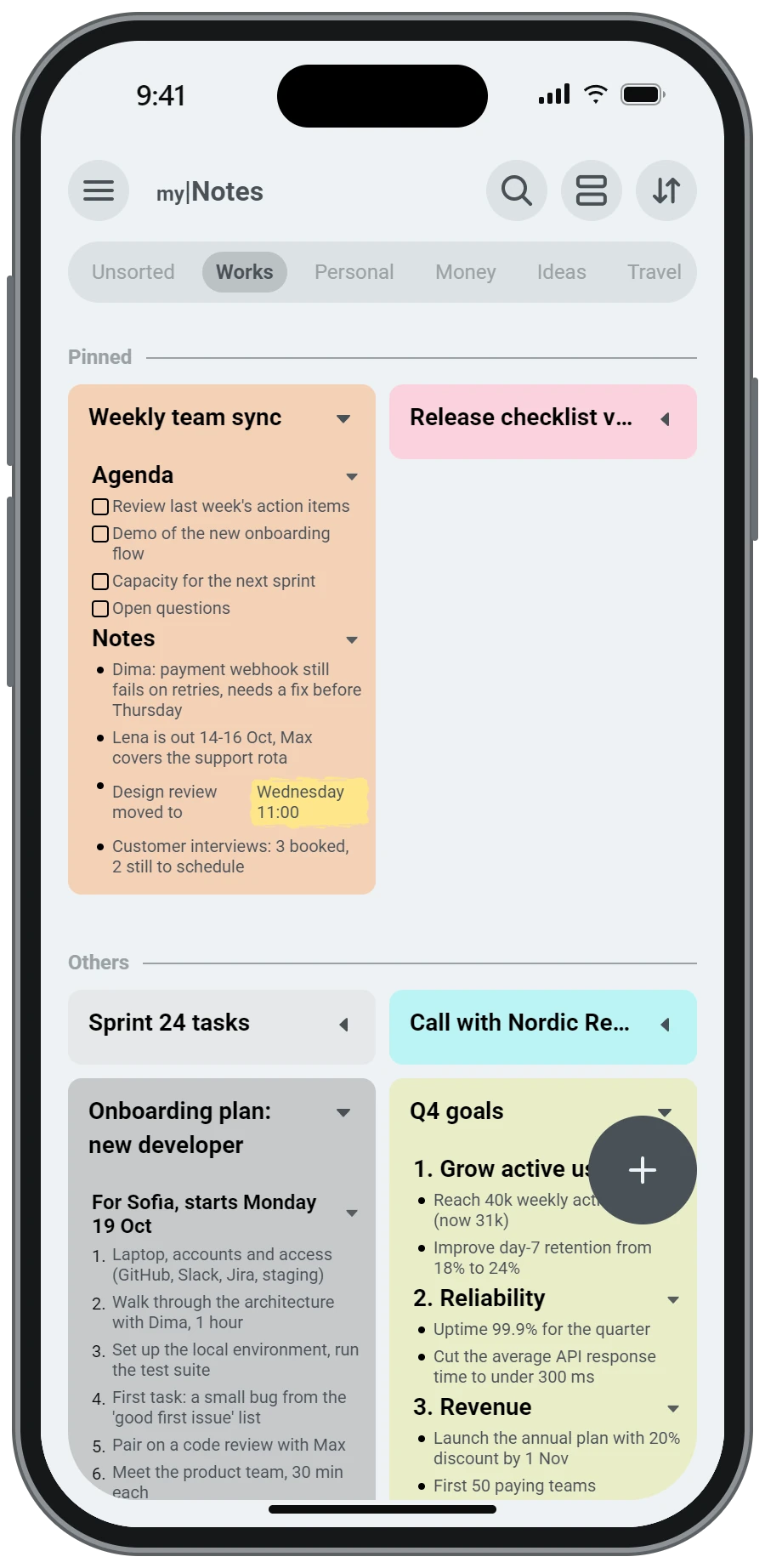 mylNotes: a group of colour note cards, some opened to show their content