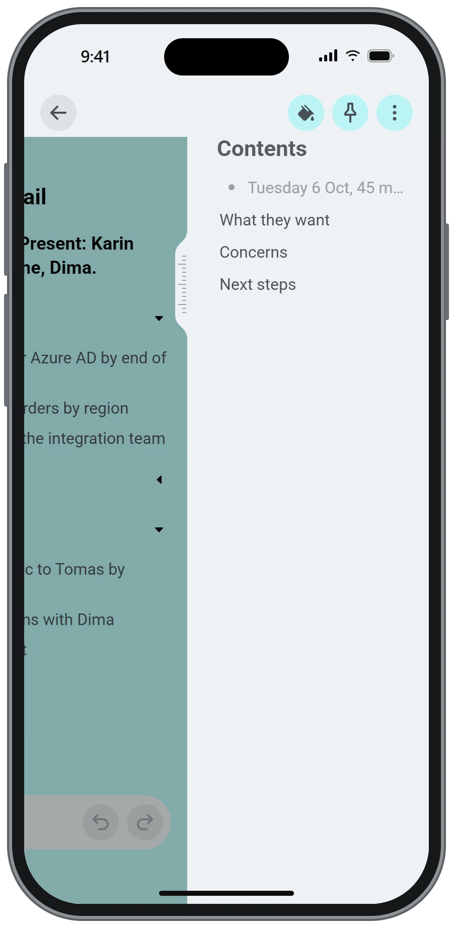The contents panel with the headings of a note