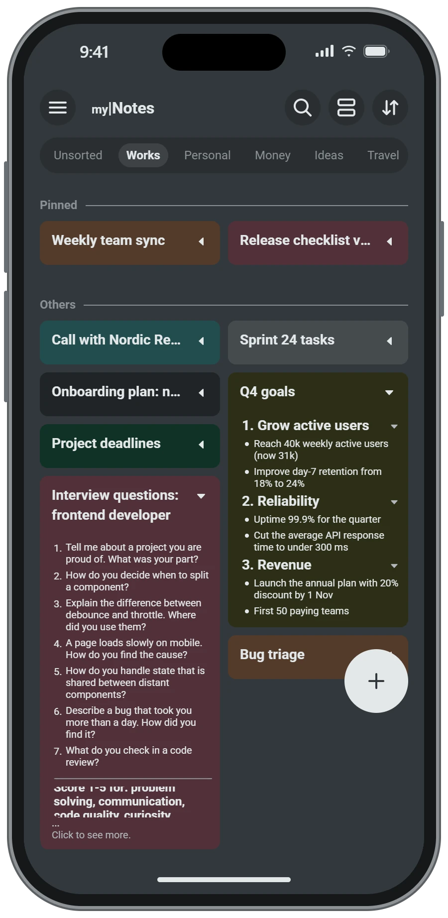 The list of notes in the dark theme