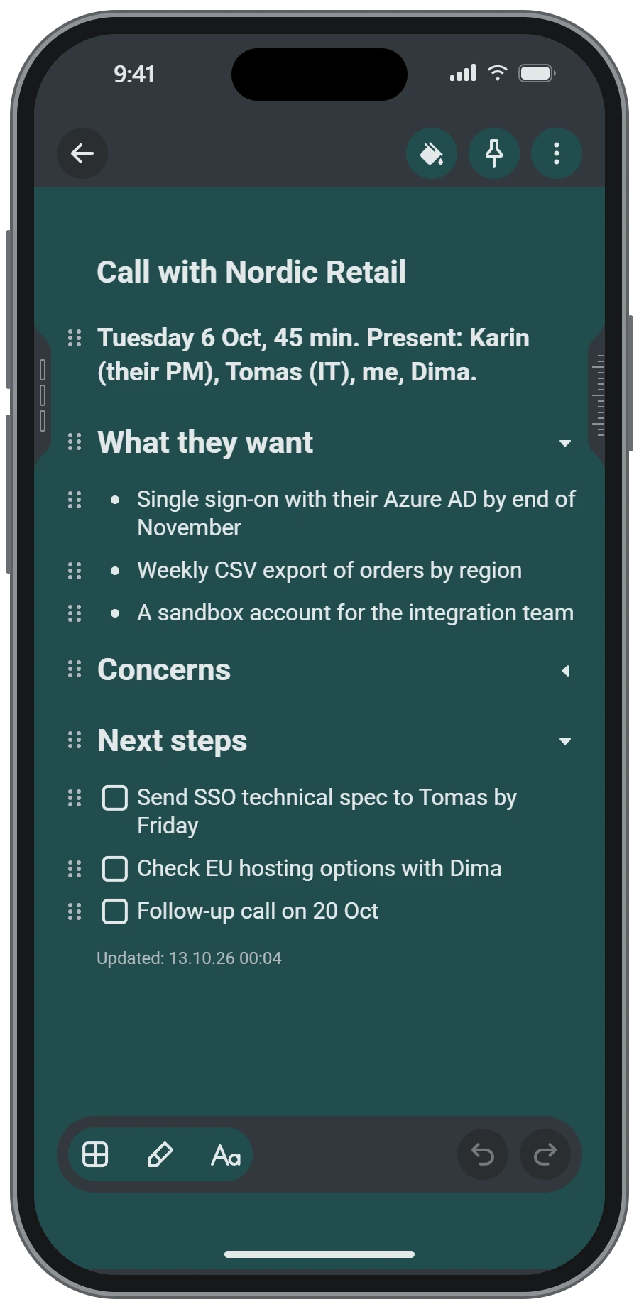 An open note in the dark theme
