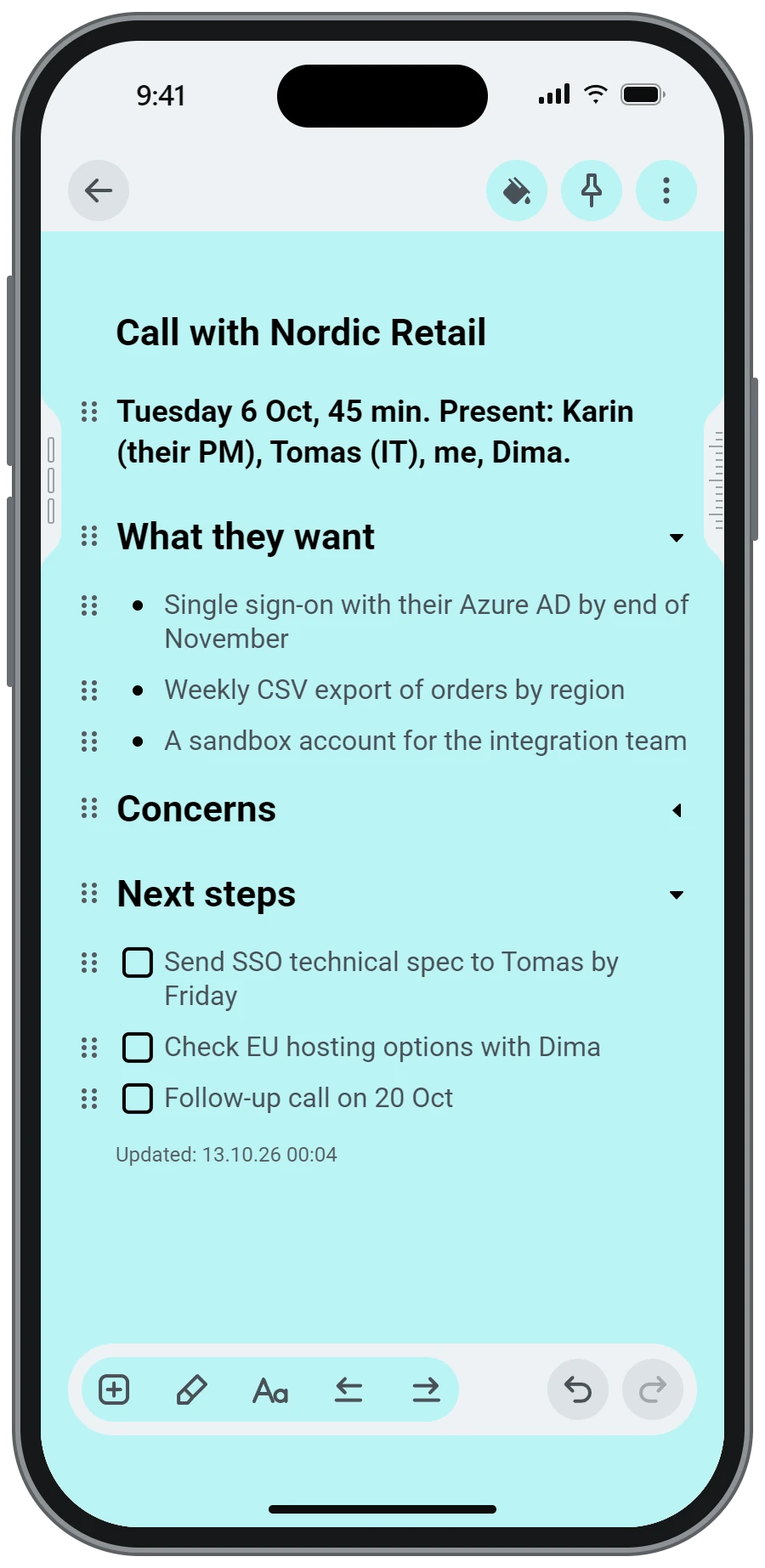 A note with headings, bullet points and checkboxes