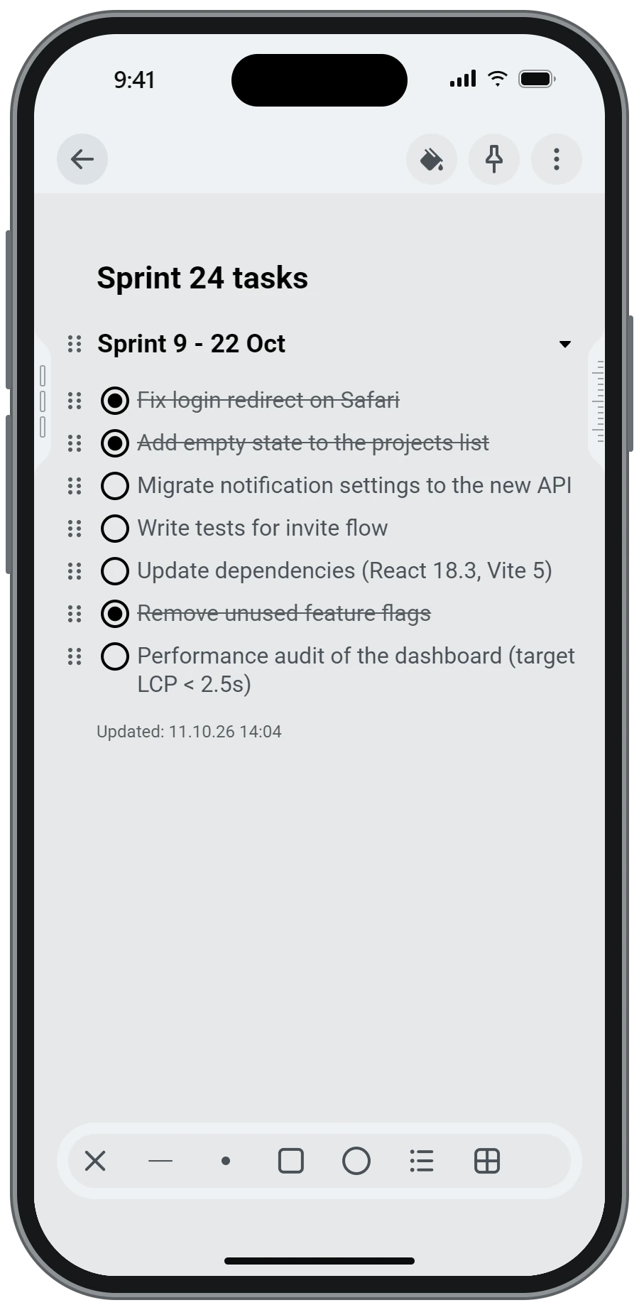 The insert row with a line, point, checkbox, checklist, numbered list and table
