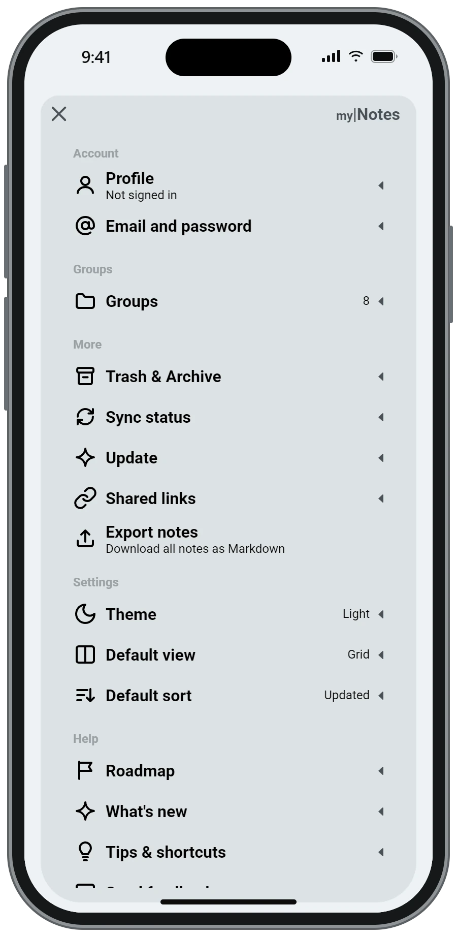 The main menu with groups, export, theme and help