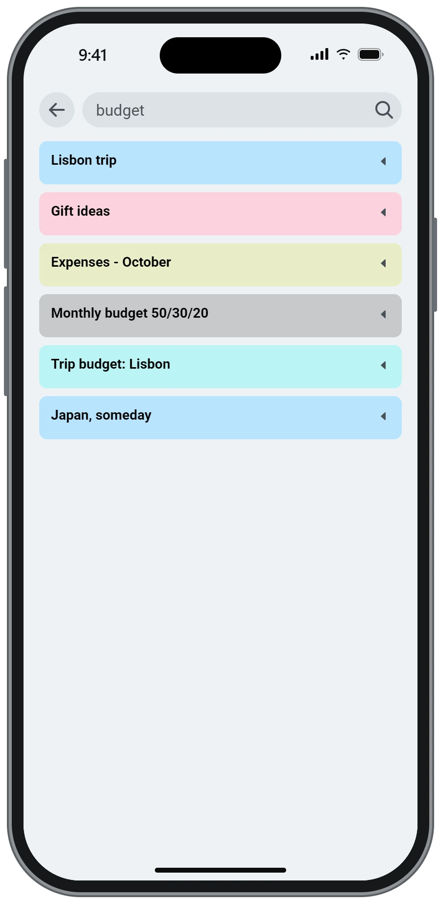 The search page with results for the word budget