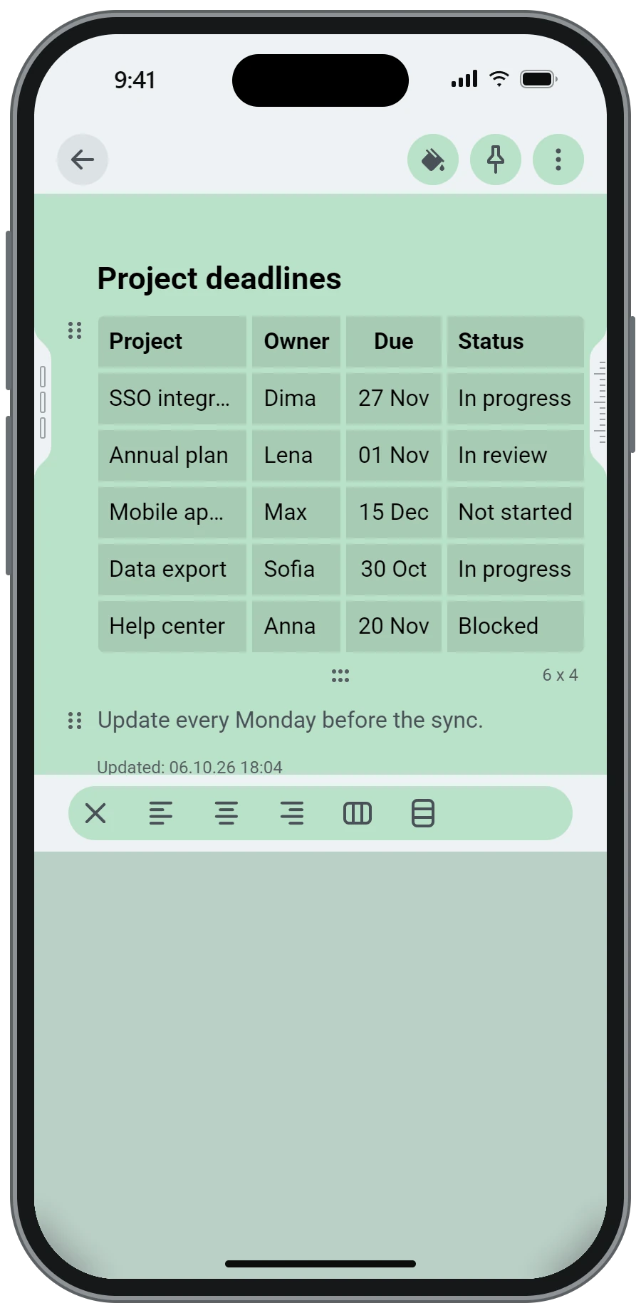 A table of project deadlines with the table toolbar open